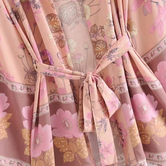 Boho Floral Tropical Print Belted Kimono Cover up - Picture 12 of 13